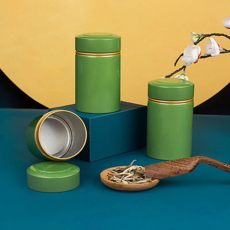 Lata de té metálica portátil de 50 g, recipiente de hojalata para almacenar té y hojas de té secas sueltas.