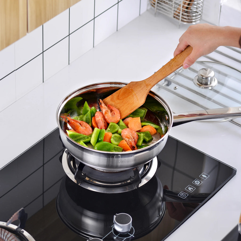 Juego de utensilios de cocina Velaze de 12 piezas, de acero inoxidable, apto para inducción, incluye cacerola, olla y cazuela con tapa de vidrio.
