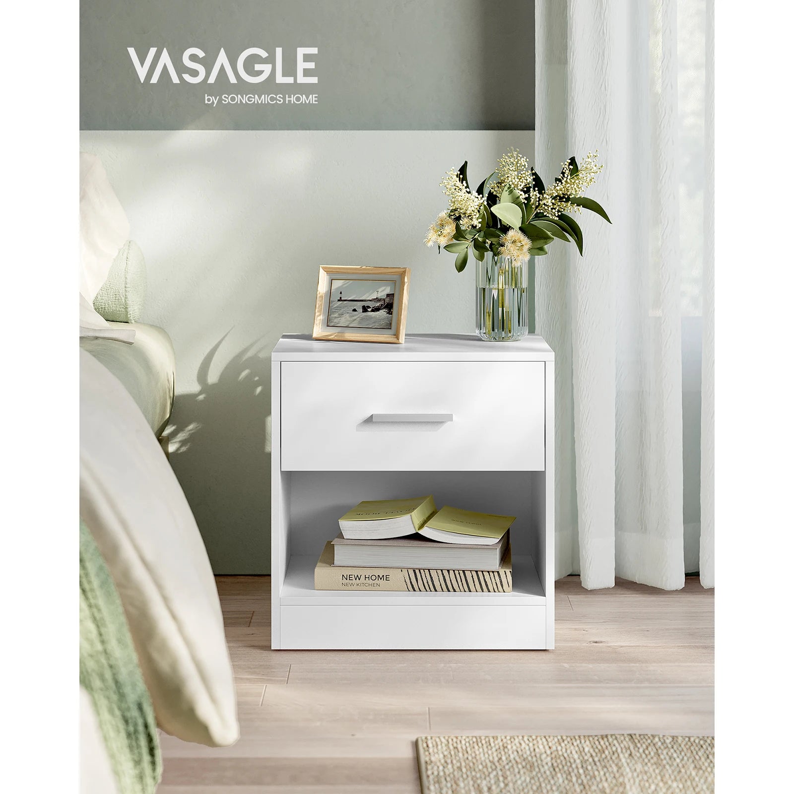Mesita de noche/auxiliar VASAGLE con cajón, tirador y compartimento abierto. Mesita auxiliar. Dormitorio/Salón. Marrón castaño/Negro tinta