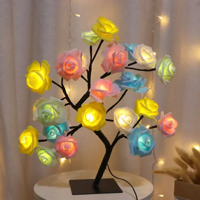 Lámpara de mesa con 24 luces LED de rosas rojas en forma de árbol, luz nocturna de hadas con forma de flor para decoración del hogar, fiestas, Navidad, bodas y dormitorios. Regalo ideal.