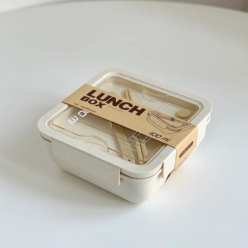 Caja de almuerzo de 1100ML para niños, escuela, adultos, oficina, de paja de trigo, apta para microondas, picnic, almacenamiento, portátil, gran caja bento con cuchara y palillos