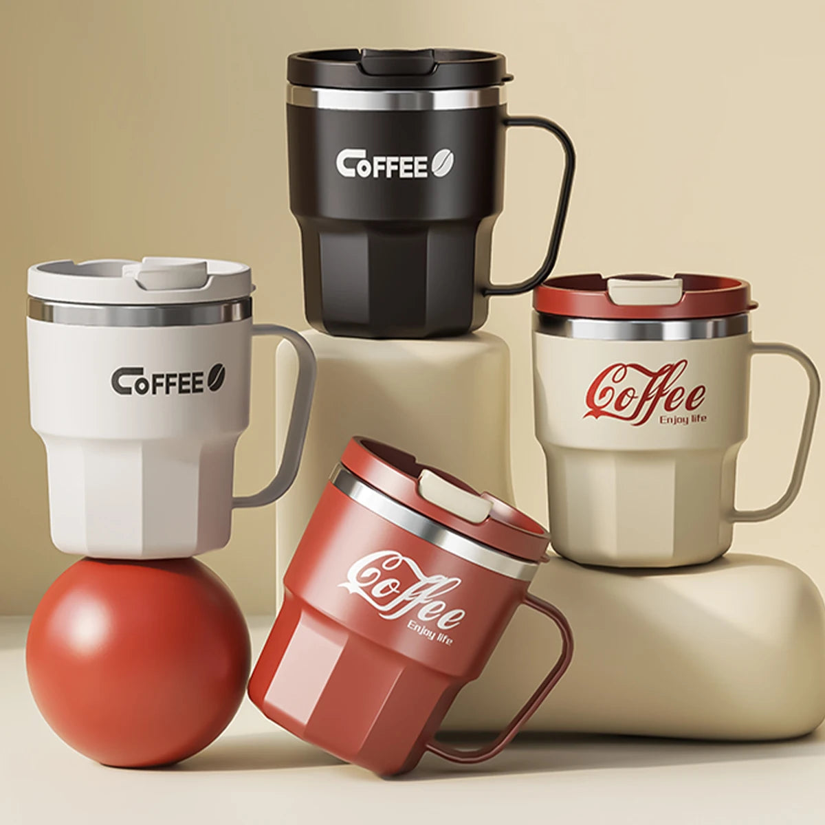 Taza de café WORTHBUY con tapa y asa, de acero inoxidable 304, para té, leche y café, con doble pared aislante y protección anti-quemaduras.