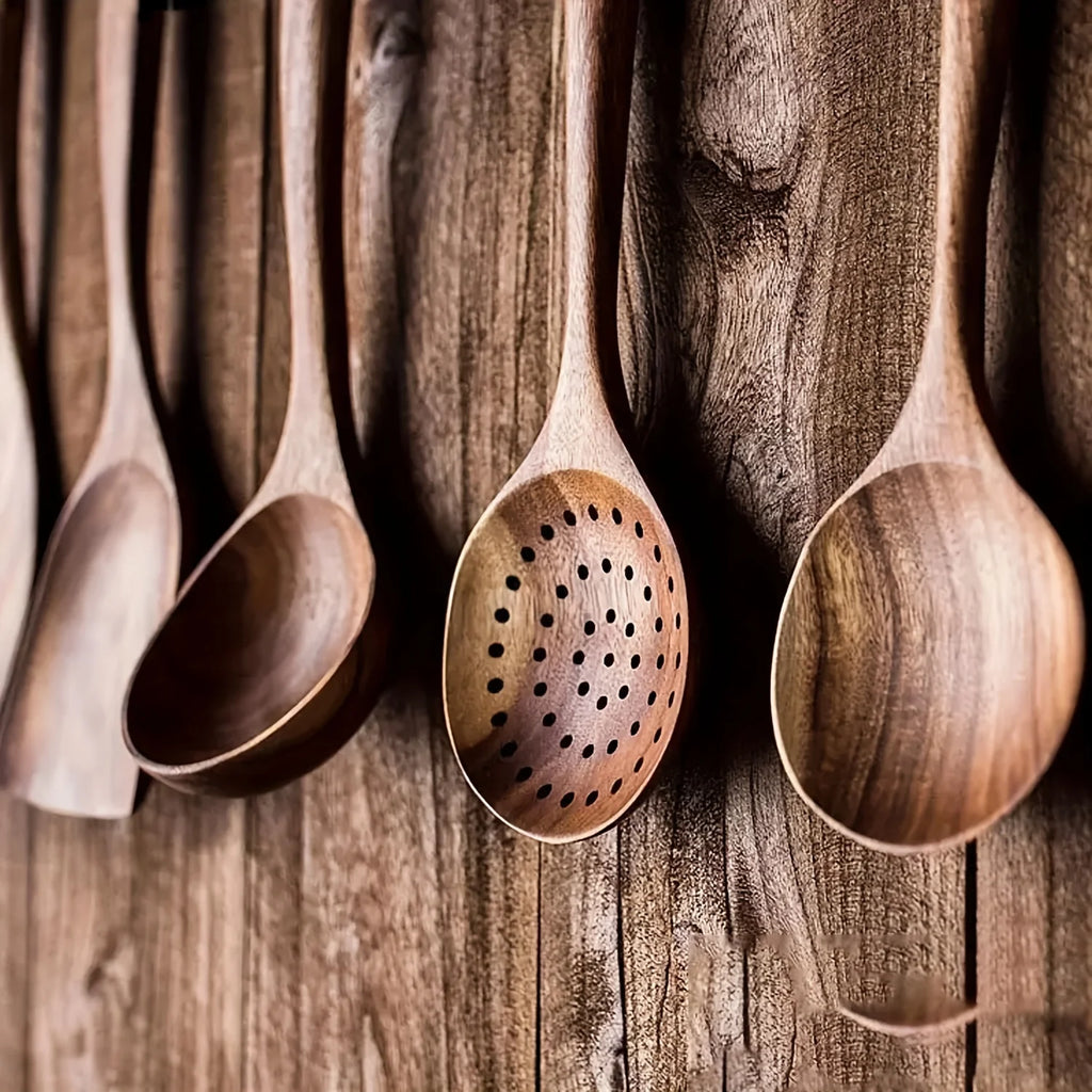 Juego de 5 utensilios de cocina de madera, cucharas de madera natural, espátula para sartén antiadherente, cucharón de cocina y espátulas para wok.