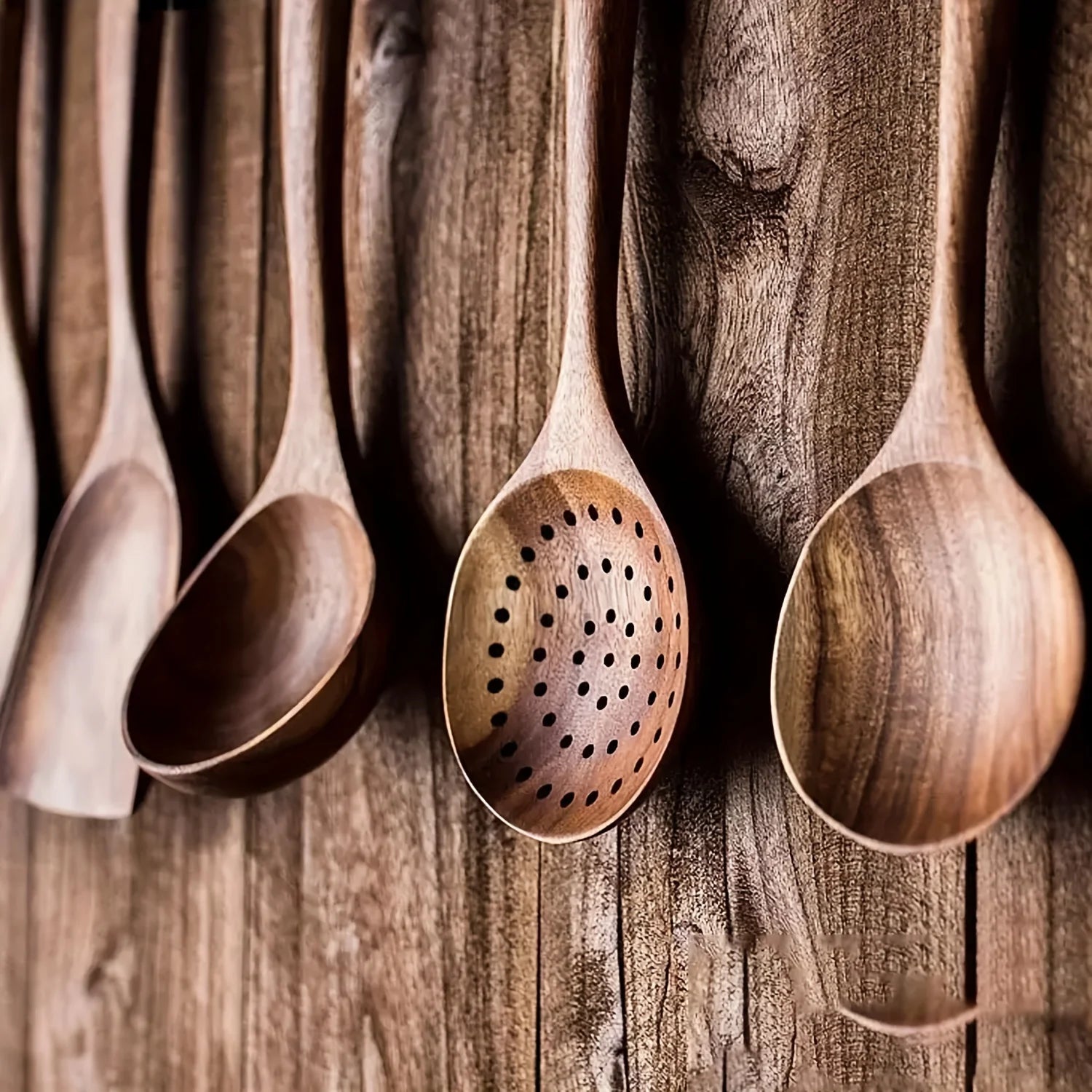 Juego de 5 utensilios de cocina de madera, cucharas de madera natural, espátula para sartén antiadherente, cucharón de cocina y espátulas para wok.