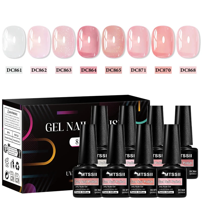 Set de 8 esmaltes de uñas en gel nude con caja, color translúcido, semipermanente, de fácil remoción, para uñas, con luz UV y LED. Suministros para manicura.
