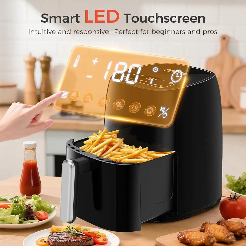Freidora de aire de vidrio templado de 4.5 cuartos con pantalla táctil LED, 6 programas preestablecidos, temperatura y tiempo ajustables, cesta apta para lavavajillas, cocción sin aceite.