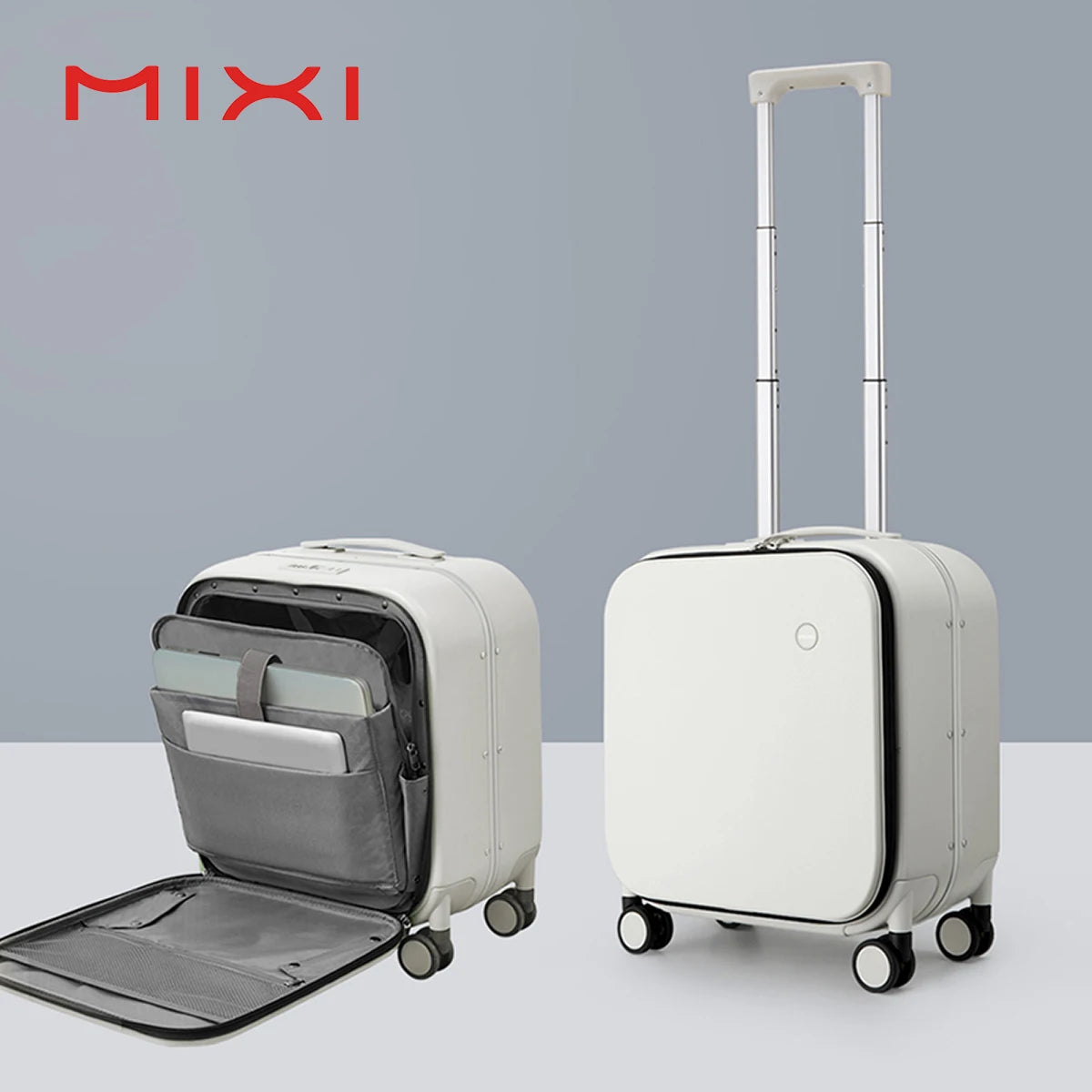 Maleta de mano Mixi con nuevo diseño patentado para mujer, 18 pulgadas, con ruedas, estructura de aluminio y policarbonato para hombre, elegante y sofisticada.