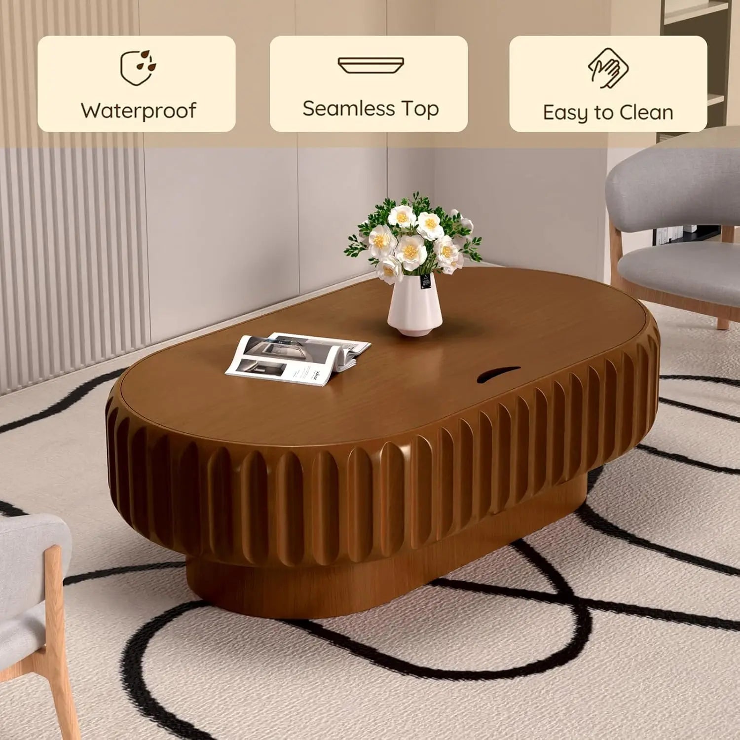 43.3'' Oval Coffee Table with Storage for Living Room, Modern Oval Drum Fluted Coffee Table with Wood Veneered, Customized