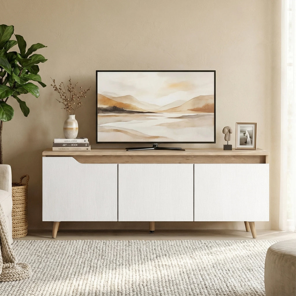 HOMCOM Mesa de TV para Salón con 3 Puertas para Televisión de 55 Pulgadas Estilo Moderno 120x35x45,5 cm Roble y Blanco