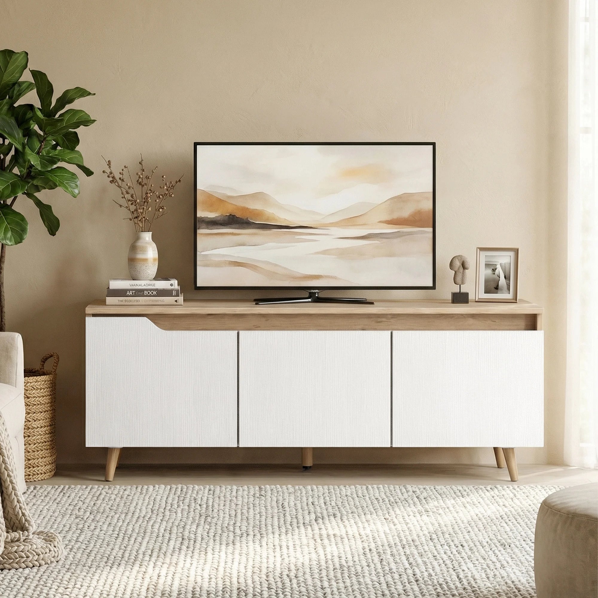 HOMCOM Mesa de TV para Salón con 3 Puertas para Televisión de 55 Pulgadas Estilo Moderno 120x35x45,5 cm Roble y Blanco