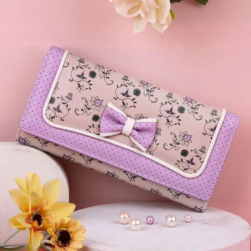 Cartera japonesa lolita para mujer, estilo casual, larga, de gran capacidad, con lazo, plegable, con tres compartimentos, linda y dulce, para tarjetas.