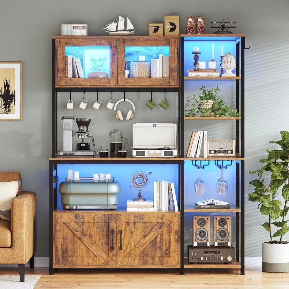 45.3 Inch Farmhouse Bakers Rack, Coffee Bar Cabinet with Power Outlet, LED Light & Microwave Storage