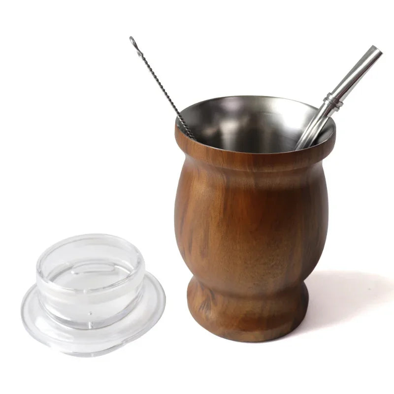 Juego de taza de yerba mate de 230 ml de acero inoxidable. Incluye cepillo de limpieza doble, pajita, taza aislante anti-quemaduras. Utensilios de té para el hogar.