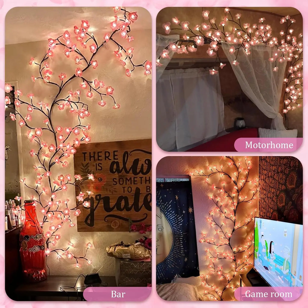 Guirnalda de ramas de cerezo con luces LED, 72/96 luces LED, ramitas de sauce y flores de durazno, ideal para fiestas en interiores, paredes, puertas y ventanas.