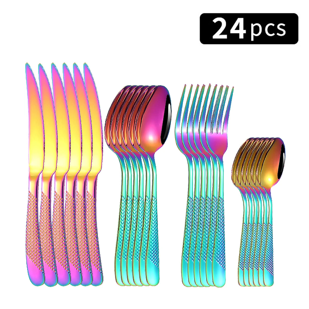 Juego de vajilla familiar de acero inoxidable de 24 piezas: cuchillo y tenedor para carne, tenedor de postre y cuchara.