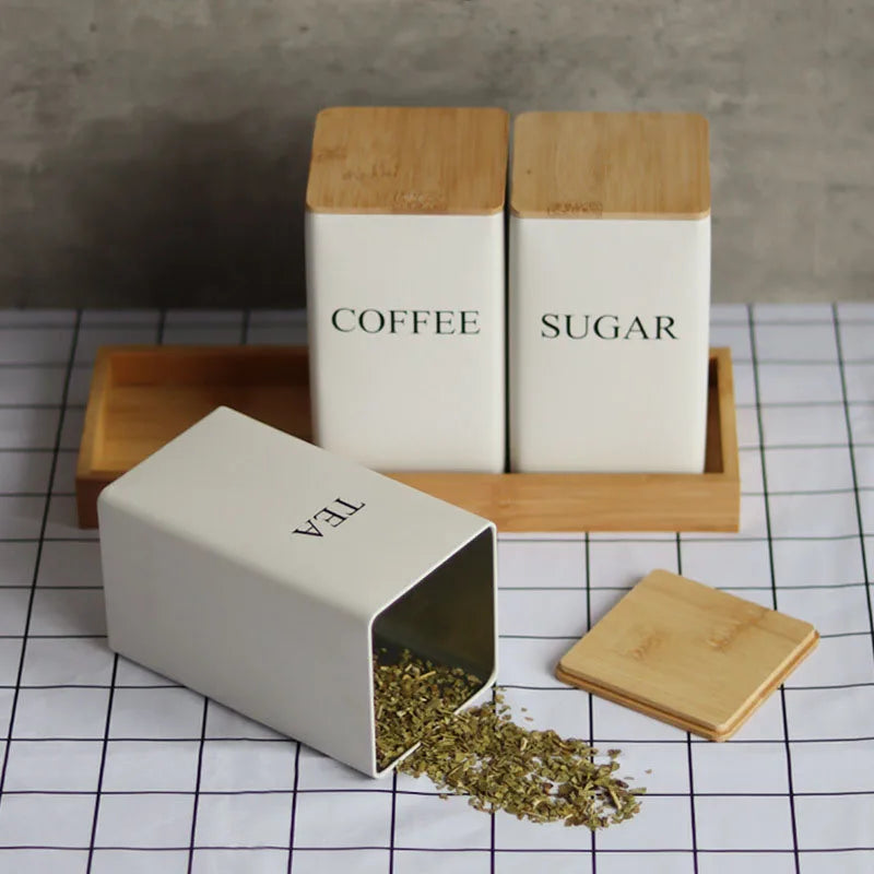 Recipiente para granos de café con tapa de bambú, estilo sencillo, tarros de metal para té, café y azúcar, lata de té, utensilios de cocina.