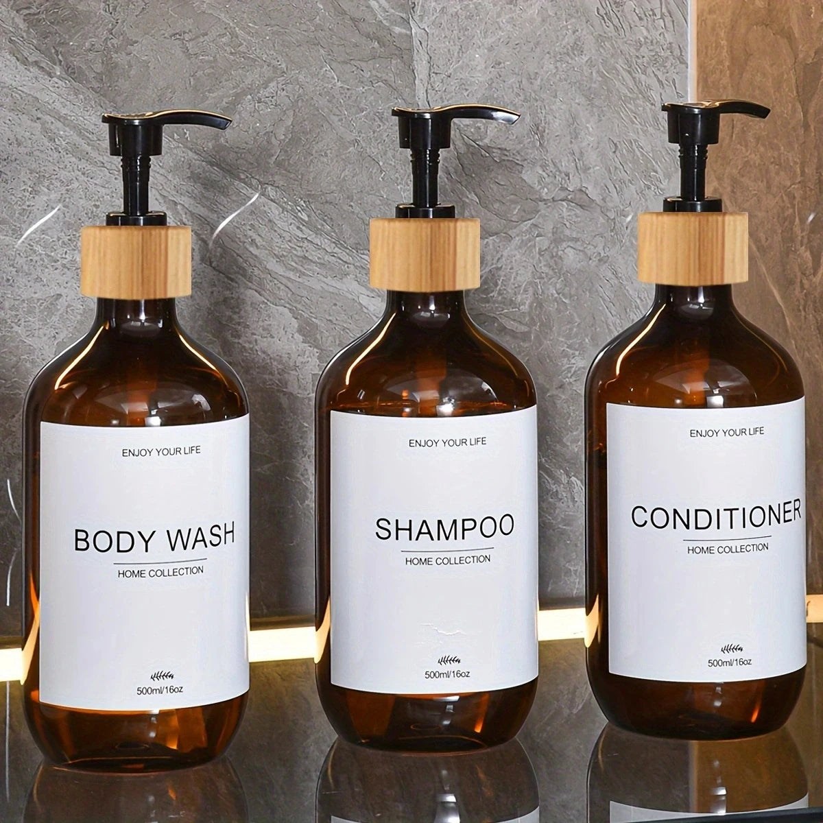 Juego de dispensadores de champú para baño de 500 ml, botellas de acondicionador y gel de ducha recargables, dispensador con decoración rústica, botellas de almacenamiento.