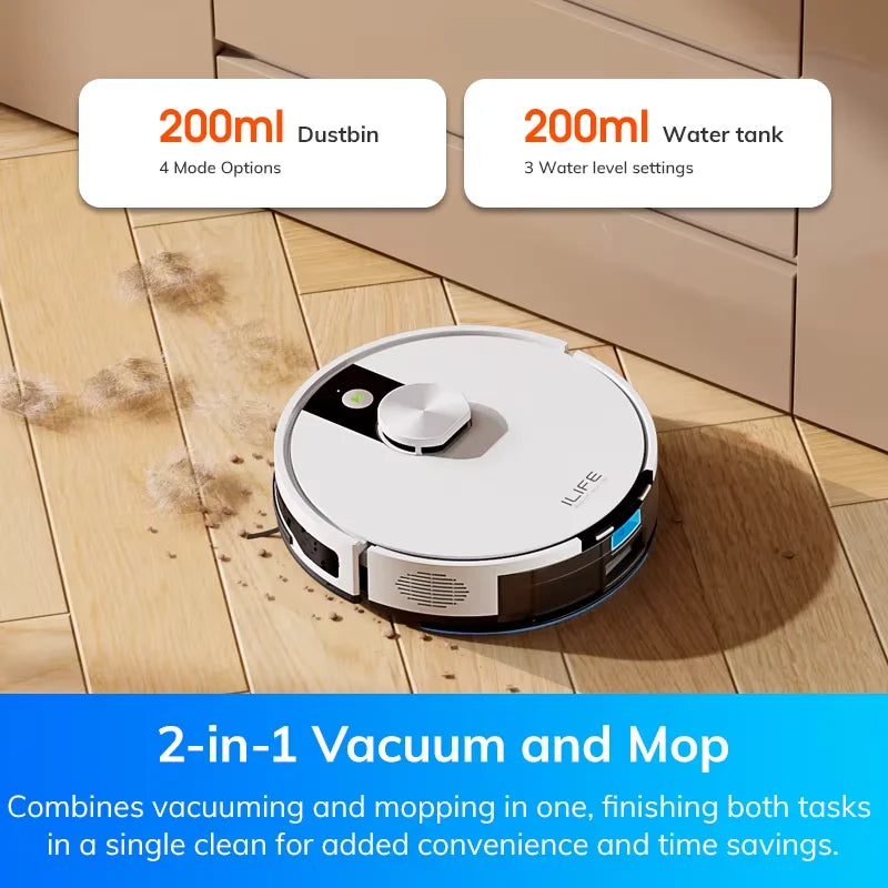 Robot aspirador y fregador ILIFE A12 Pro, navegación LIDAR, recogida automática de polvo, succión de 3000 Pa, control por app/remoto.