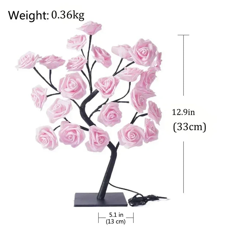 Lámpara de mesa con 24 luces LED de rosas rojas en forma de árbol, luz nocturna de hadas con forma de flor para decoración del hogar, fiestas, Navidad, bodas y dormitorios. Regalo ideal.