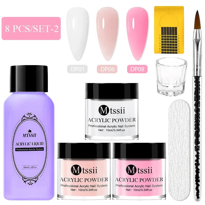 Juego de 8 piezas de sistema de uñas acrílicas en polvo MTSSII, color rosa nude transparente, monómero líquido con pincel para extensiones de uñas y tallado de flores.
