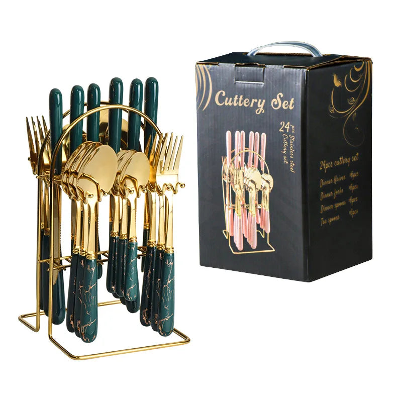 Juego de cubiertos de acero inoxidable de 24 piezas con mango de cerámica y diseño de martillo (cuchillo, tenedor y cuchara). Juego de cubiertos de viaje.