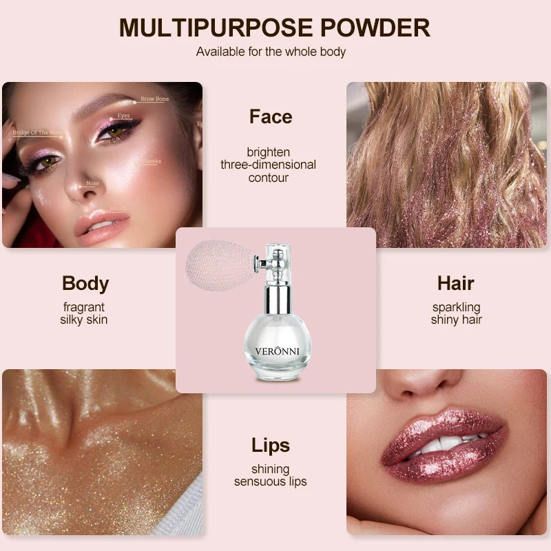 Polvos iluminadores corporales con brillo intenso y efecto diamante. Maquillaje en polvo apto para rostro, cuerpo, piel, cabello, ropa y cosméticos.