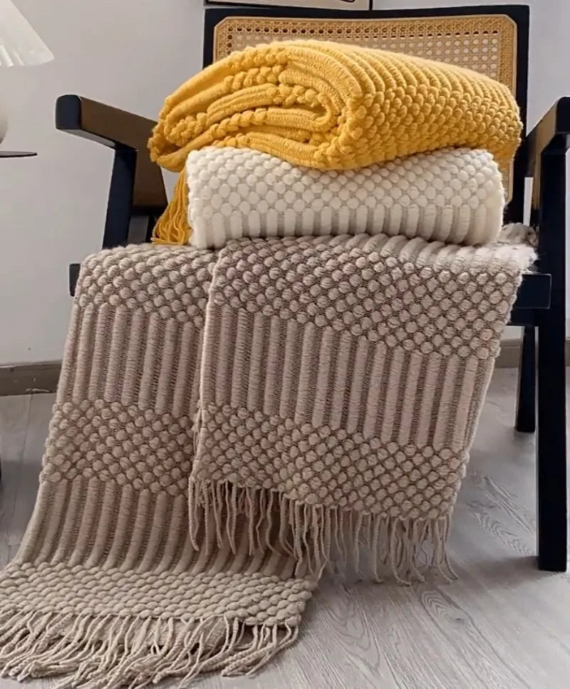 Manta tejida color caqui con borlas, gruesa, de estilo vintage, lujosa, estilo granja, cubrecama extragrande, manta para sofá