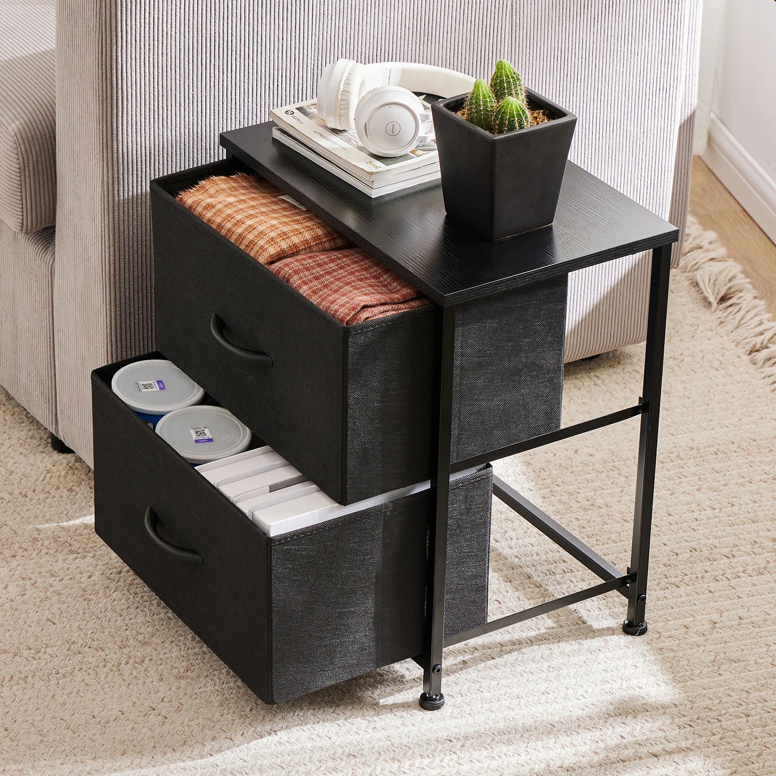 Mesita de noche JHK, mesa auxiliar para sofá, mesa de té, armario de almacenamiento, cómoda, expositor de ropa para dormitorio, 2 cajones de tela, mueble de armario