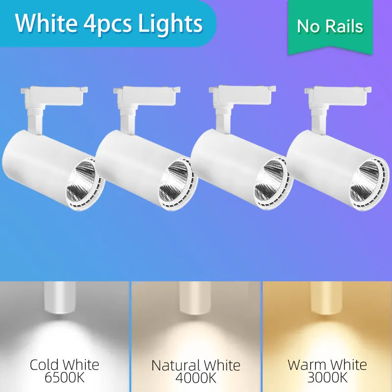 Juego completo de focos LED de riel de 50W, 40W y 20W con tecnología COB para iluminación de riel de techo en interiores, ideales para la decoración de salas de estar y cocinas.