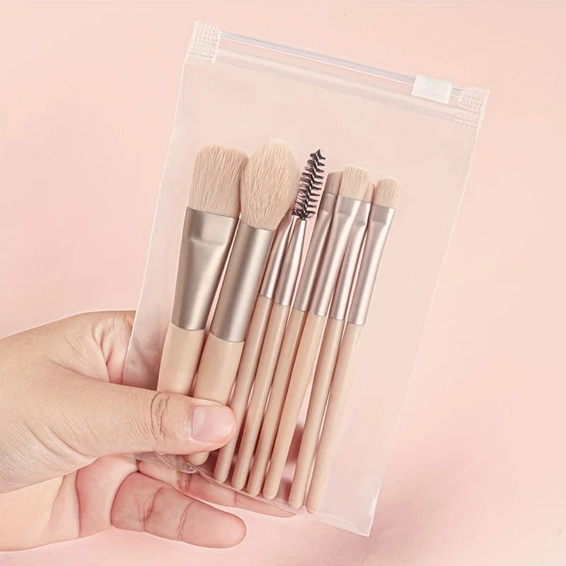 Set de 8 brochas de maquillaje, kit de viaje con neceser, mini brocha para sombras de ojos, base, polvos sueltos, colorete y brocha de precisión. Herramientas de belleza.