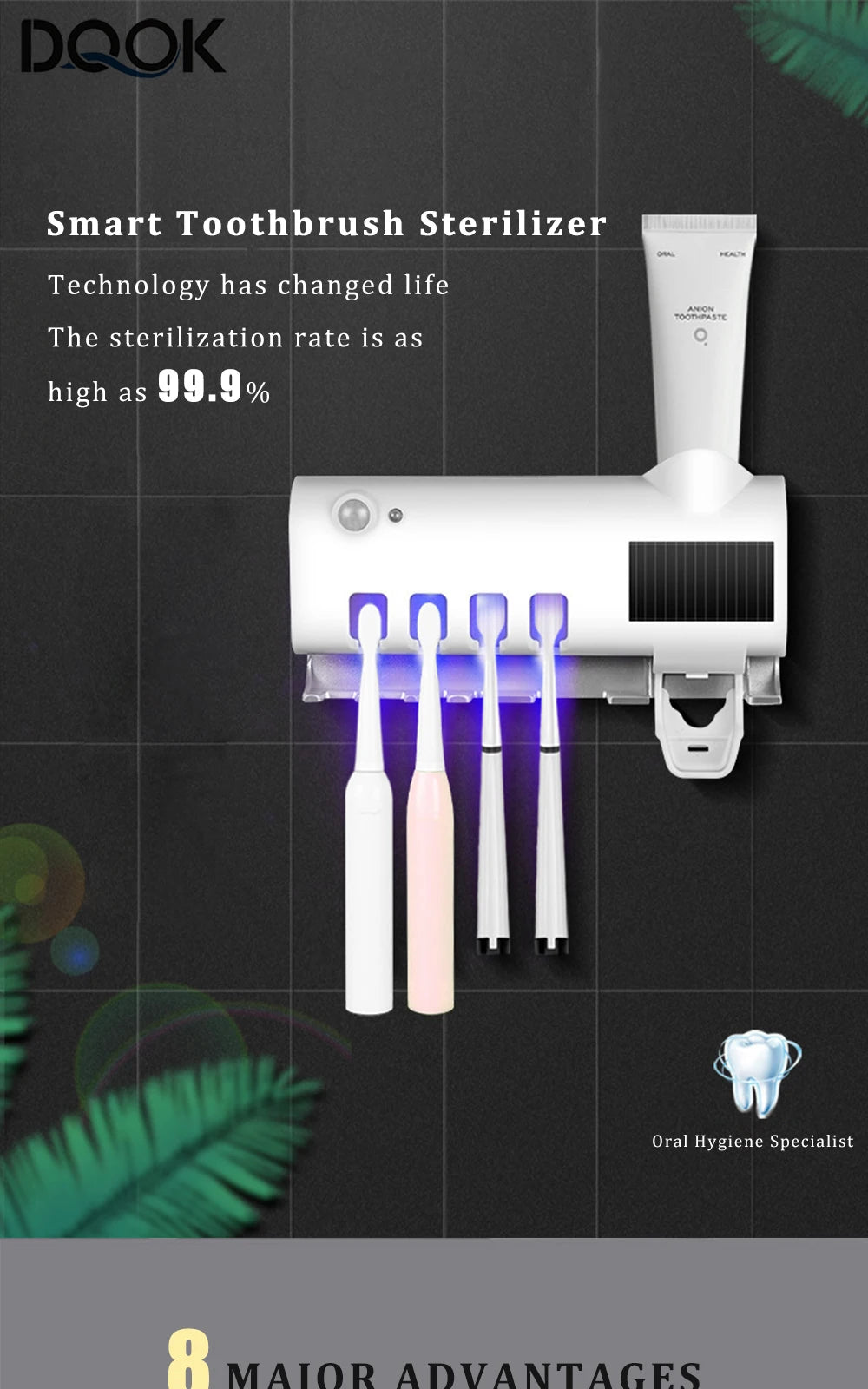 Soporte para cepillos de dientes, dispensador de pasta de dientes, energía solar, caja de almacenamiento para cepillos de dientes de baño, soporte de almacenamiento multifunción, carga USB.