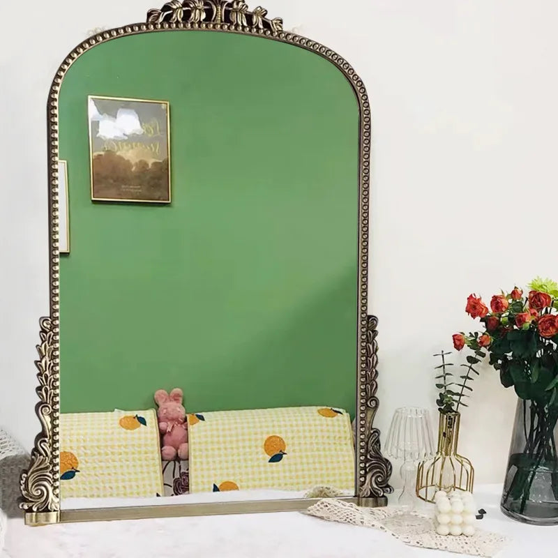 Espejo de pared con marco de arco de madera antiguo vintage, decoración artística, espejo Primrose, precioso espejo de pie con filigrana dorada para el hogar y la sala de estar.