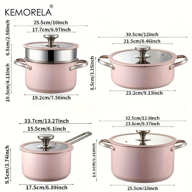 Juego de 9 piezas de utensilios de cocina rosas con revestimiento cerámico antiadherente. Sartén y cacerola aptas para inducción. Compatible con todo tipo de cocinas.