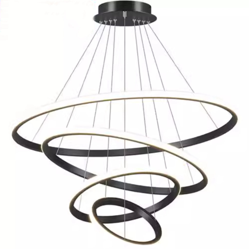 Lámpara colgante moderna con anillos LED circulares, araña de techo negra, ideal para lofts, salas de estar, comedores y cocinas. Iluminación interior.