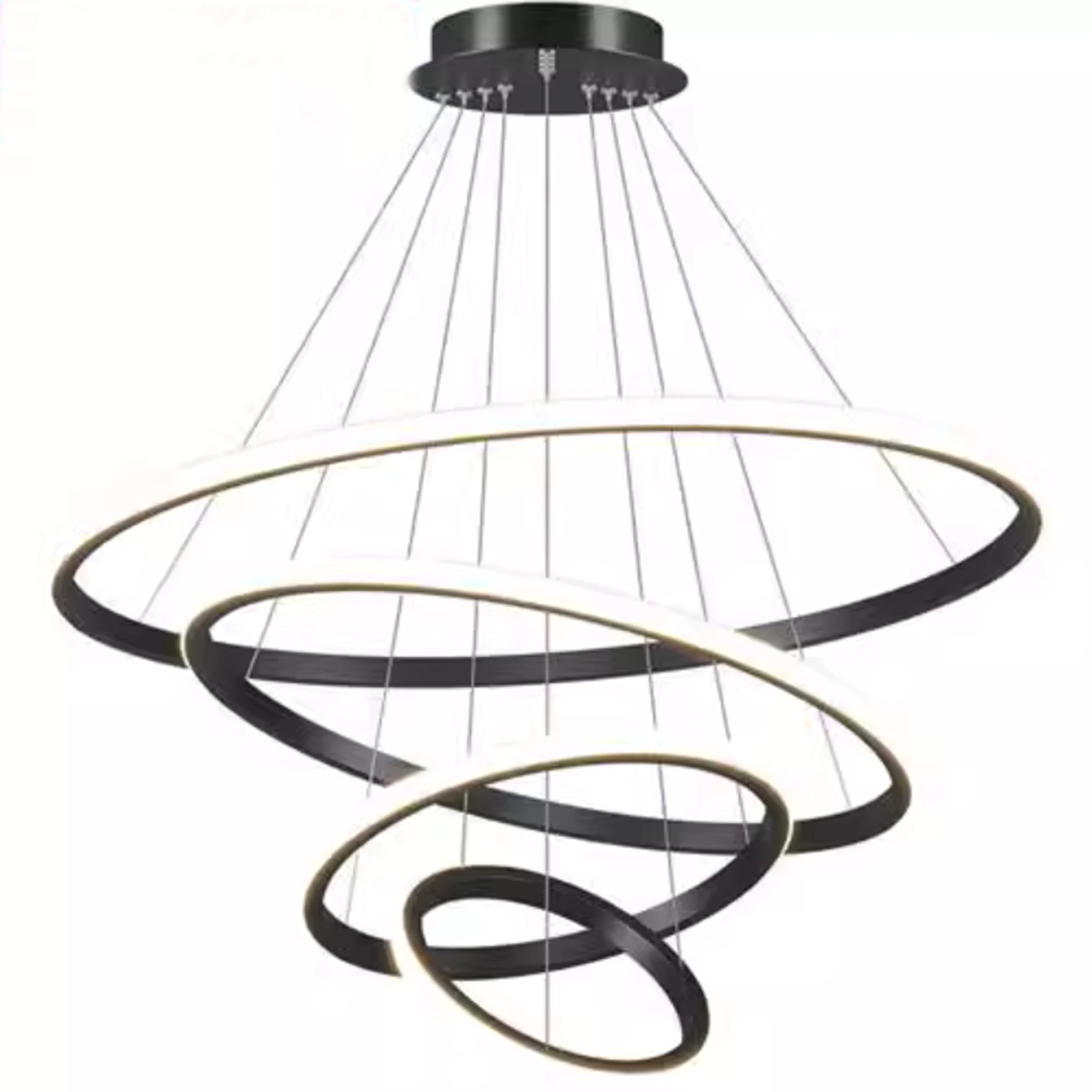 Lámpara colgante moderna con anillos LED circulares, araña de techo negra, ideal para lofts, salas de estar, comedores y cocinas. Iluminación interior.