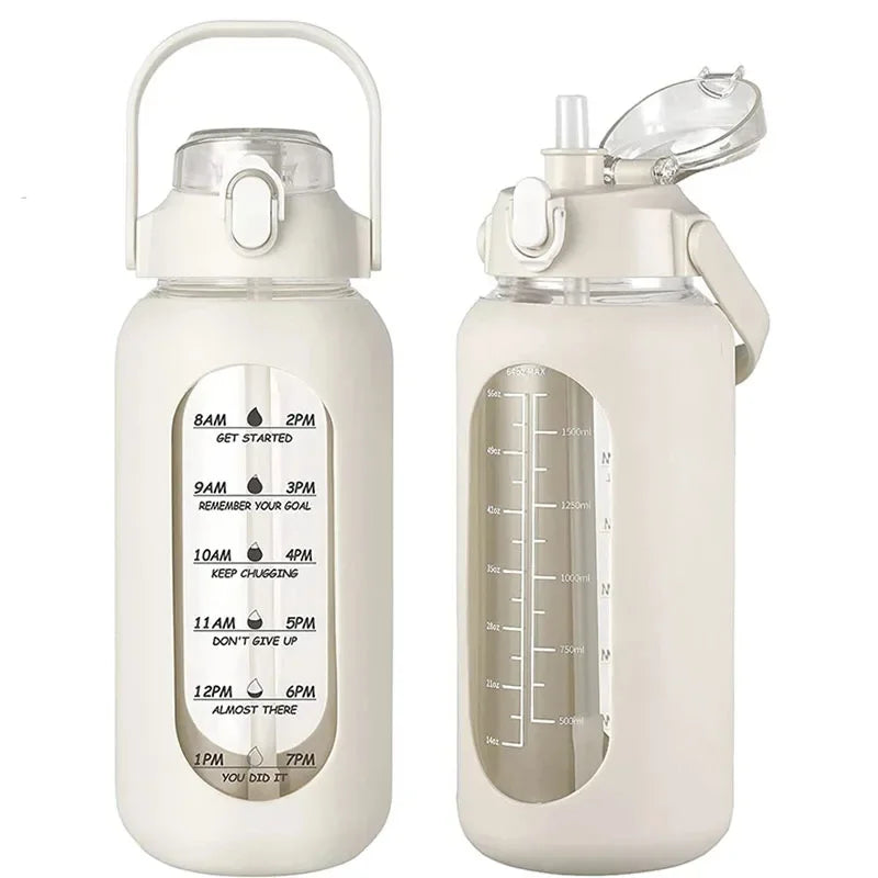 Botella de vidrio nueva de 946 ml/1656 ml/1892 ml (modelo 2024) con funda de silicona para pajita y marcador de tiempo. Ideal para camping, hogar, oficina y gimnasio.