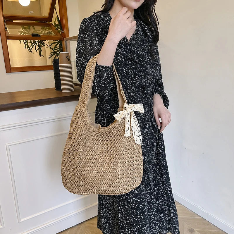 Bolsos de hombro de ratán para mujer, bolsos de mano tejidos para mujer, bolsos de paja de gran capacidad para la playa de verano, bolsos de mano informales.
