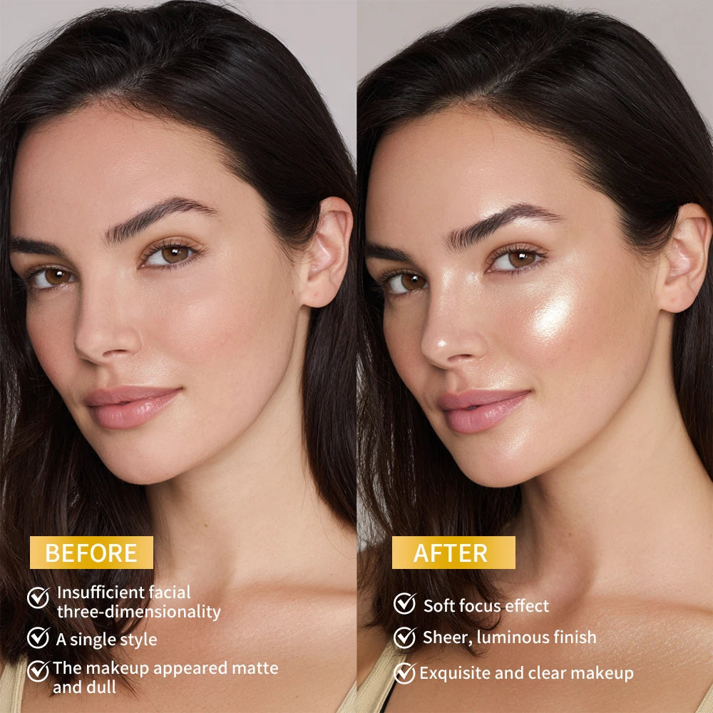 Iluminador facial en polvo resistente al agua de larga duración para una piel radiante al instante. Brillo horneado para un maquillaje con efecto iluminador y contorno.