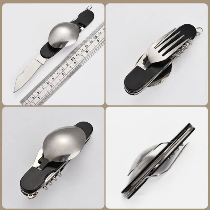 Juego de cucharas soperas 4 en 1: cuchara plegable, cuchillo, tenedor, abridor de botellas, acero inoxidable, kit de bolsillo plegable, vajilla para exteriores.