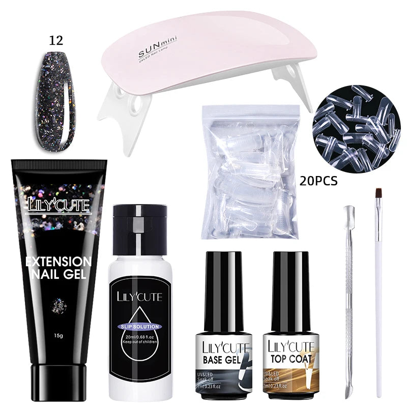 Kit de gel para extensión de uñas LILYCUTE de 15 ml, solución acrílica, esmalte en gel con lámpara para uñas para una rápida extensión, gel UV para uñas.