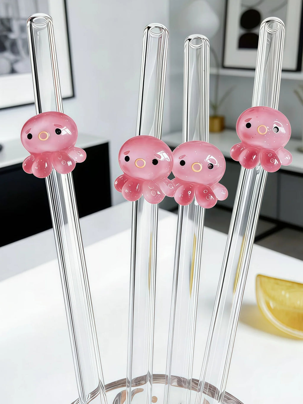 Juego de 1/2/5 pajitas de vidrio reutilizables con forma de pulpo, pajitas transparentes y flexibles para cócteles, regalo perfecto para las fiestas.