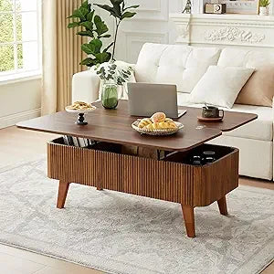 3 in 1 Lift Top Coffee Table, Fluted Convertible Coffee Tables Converts to Dining Tables, Modern Oval Wooden Center Table with S