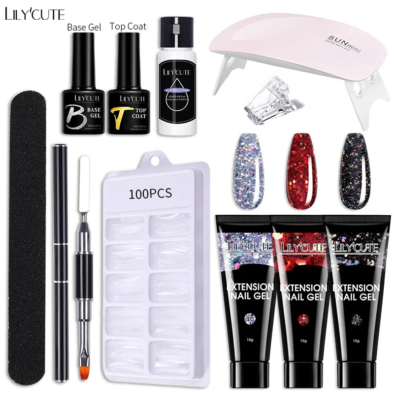 Kit de gel para extensión de uñas LILYCUTE de 15 ml, solución acrílica, esmalte en gel con lámpara para uñas para una rápida extensión, gel UV para uñas.