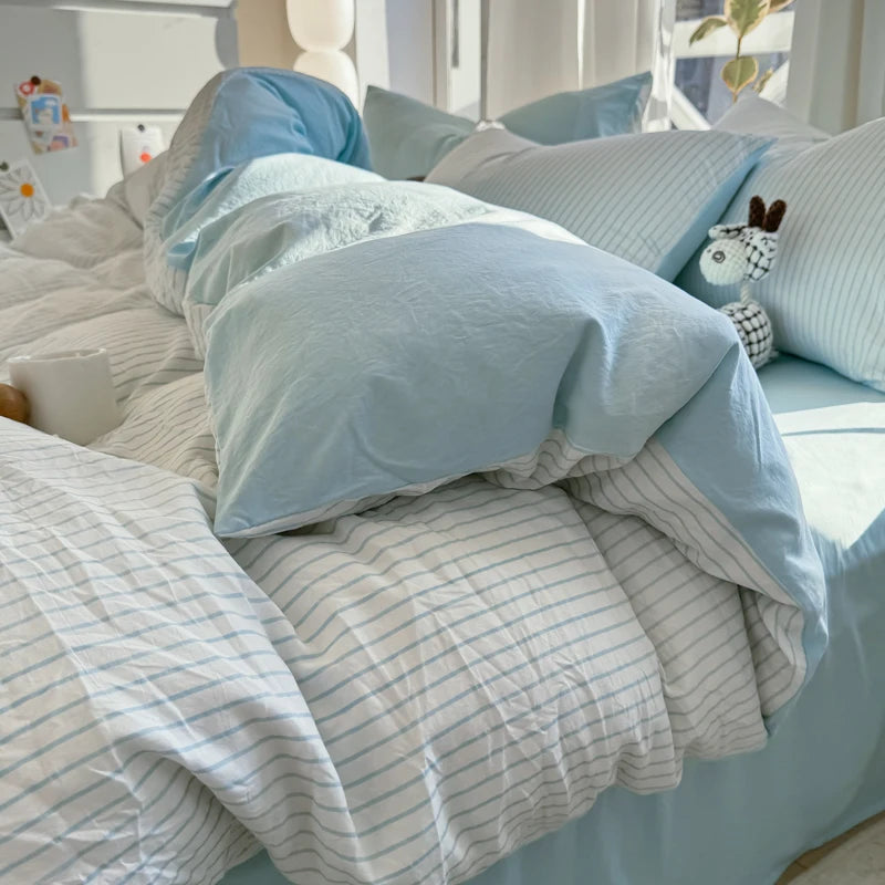 Juego de funda nórdica de algodón lavado, juego de edredón estilo nórdico minimalista, juego de cama gris a rayas, juego de ropa de cama textil para el hogar, sábanas 2025