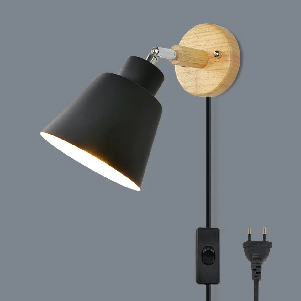 Aplique de pared nórdico para interiores, bricolaje, E27, madera, 6 colores, enchufe EU/UL, 350°, lámparas de pared para sala de estar, dormitorio, pasillo, apliques.