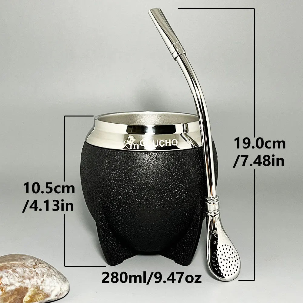 Kit de mate Gaucho con calabaza de acero inoxidable de 280 ml, aislamiento térmico, filtro extraíble, pajita, bombilla y cepillo de limpieza (venta al por mayor)