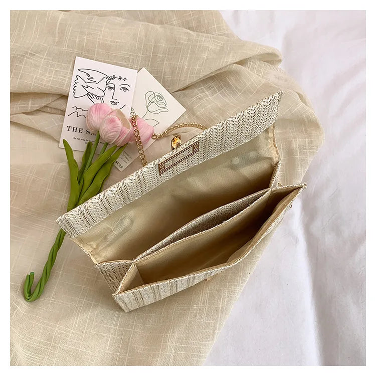 Bolso de mano de mujer tejido con hierba, cartera para móvil, bolso de estilo bohemio veraniego para la playa, cartera tejida, imprescindible para chicas de vacaciones.