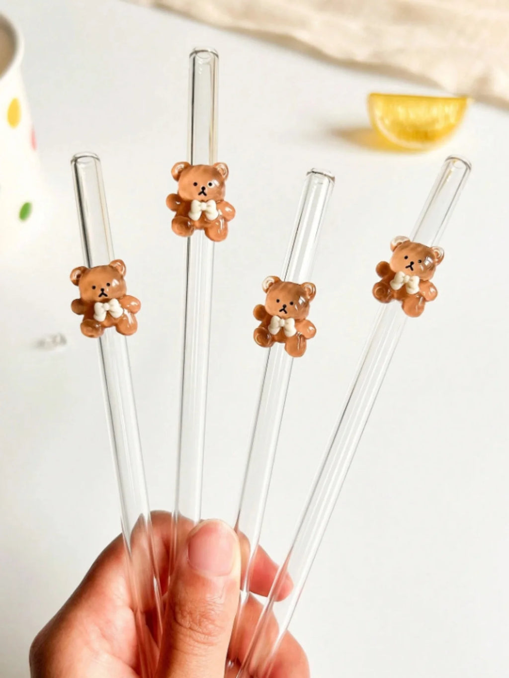 Juego de 1/5/7 pajitas de vidrio con forma de oso, pajitas curvas reutilizables para té con leche, cócteles y bebidas heladas, regalo ideal para una cita en una tienda de postres con un ambiente acogedor.