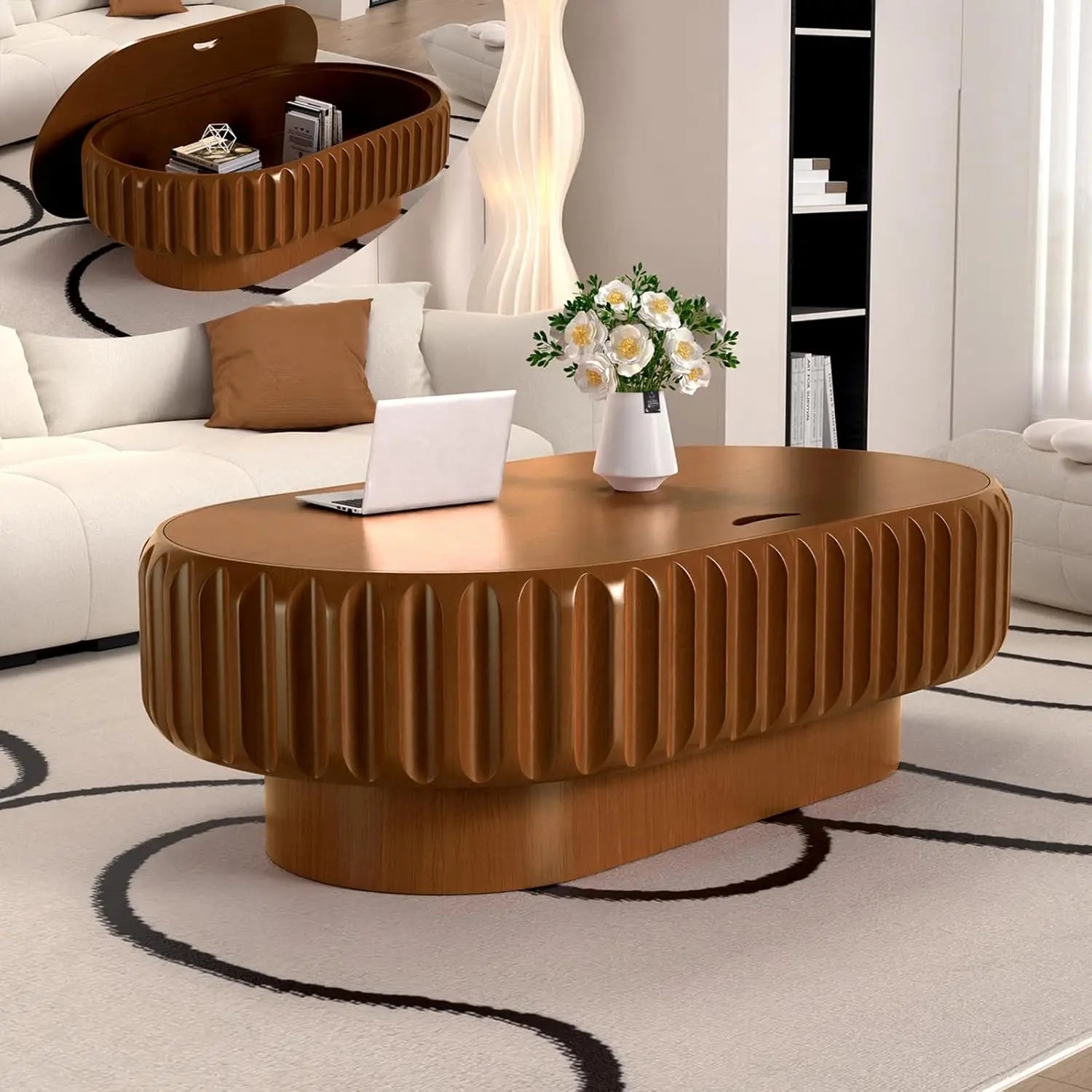 43.3'' Oval Coffee Table with Storage for Living Room, Modern Oval Drum Fluted Coffee Table with Wood Veneered, Customized