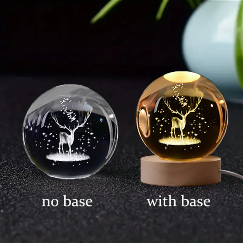 1 Pc Bola de Cristal de 6 cm Lámpara Nocturna Planeta Grabado con Láser Regalo de Cumpleaños Esfera de Vidrio Decoración de Escritorio para el Hogar con Base de Madera y USB